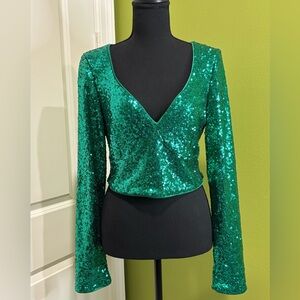 Lulus Emerald Green Long Sleeve V-neck Sequin Top Size Large
